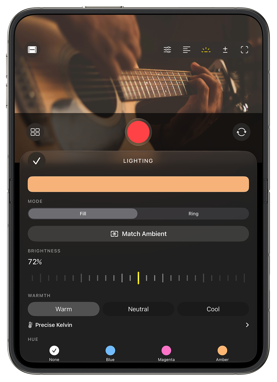 Stageframe on iPhone with video capture and lighting controls for brightness and warmth