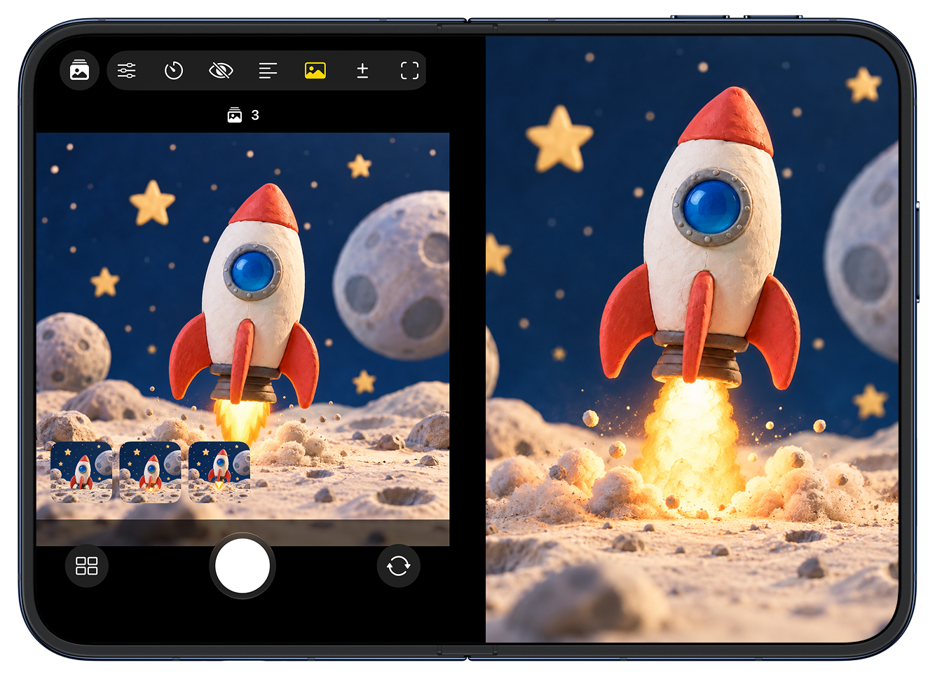 Stageframe on iPhone Duo showing the live camera alongside the last stop-motion frame